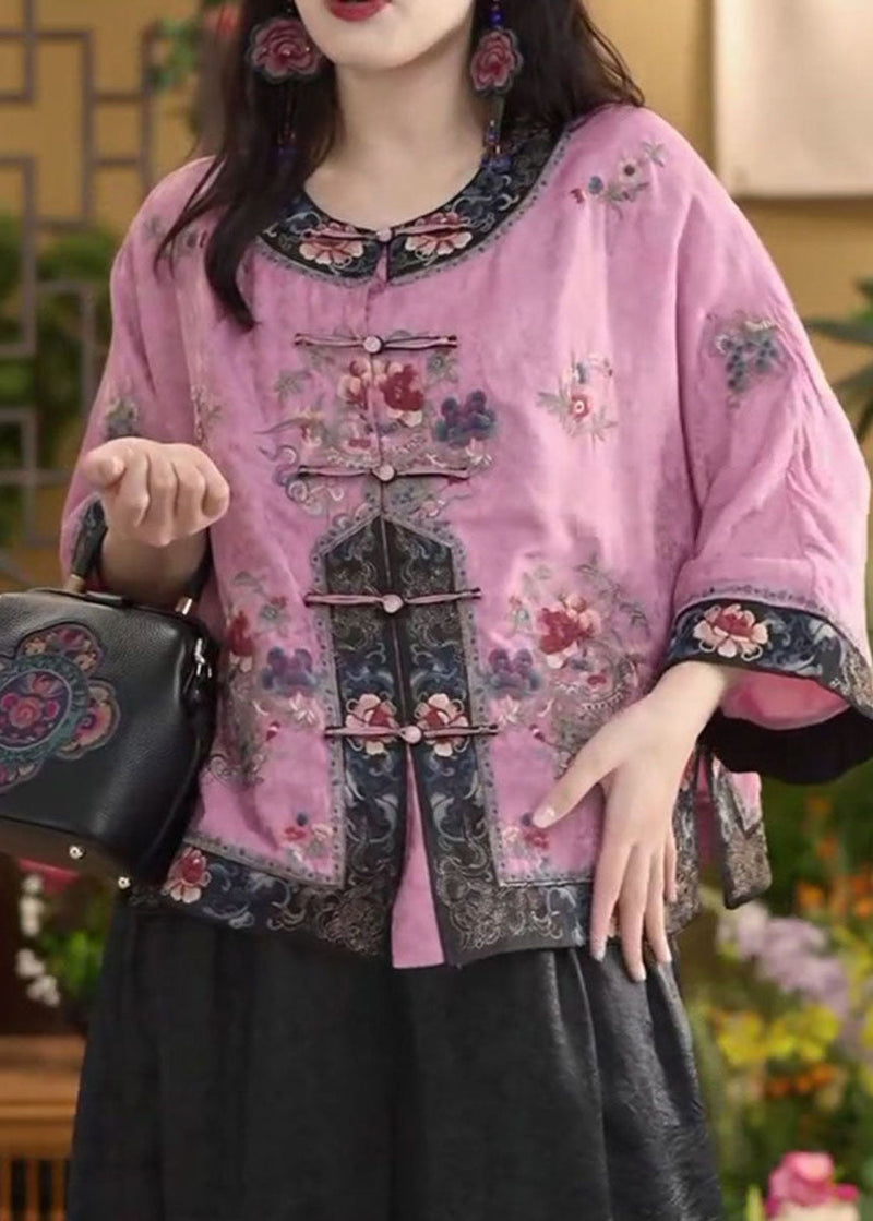 Chinese Style Pink O-neck Oriental Button Cotton Shirt Tops Summer