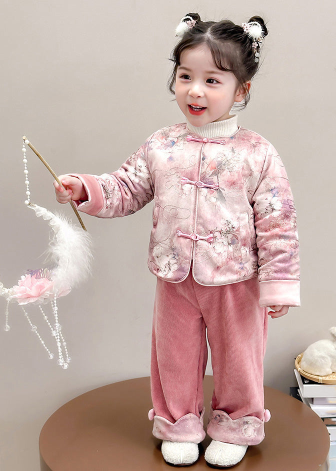 Chinese Style Pink O-neck Patchwork Button Thick Parka and Pants Two Piece Set Winter