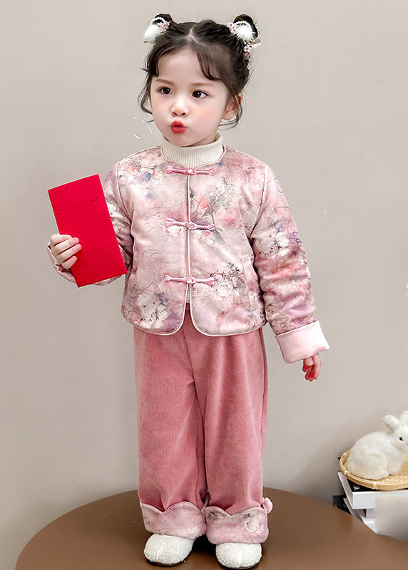 Chinese Style Pink O-neck Patchwork Button Thick Parka and Pants Two Piece Set Winter