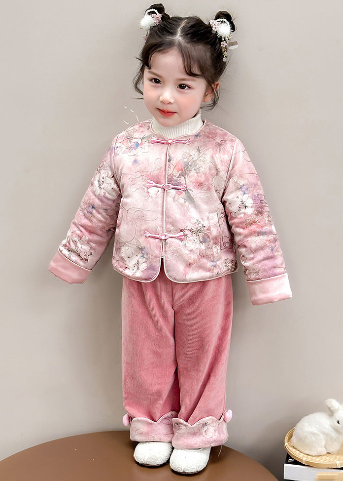 Chinese Style Pink O-neck Patchwork Button Thick Parka and Pants Two Piece Set Winter