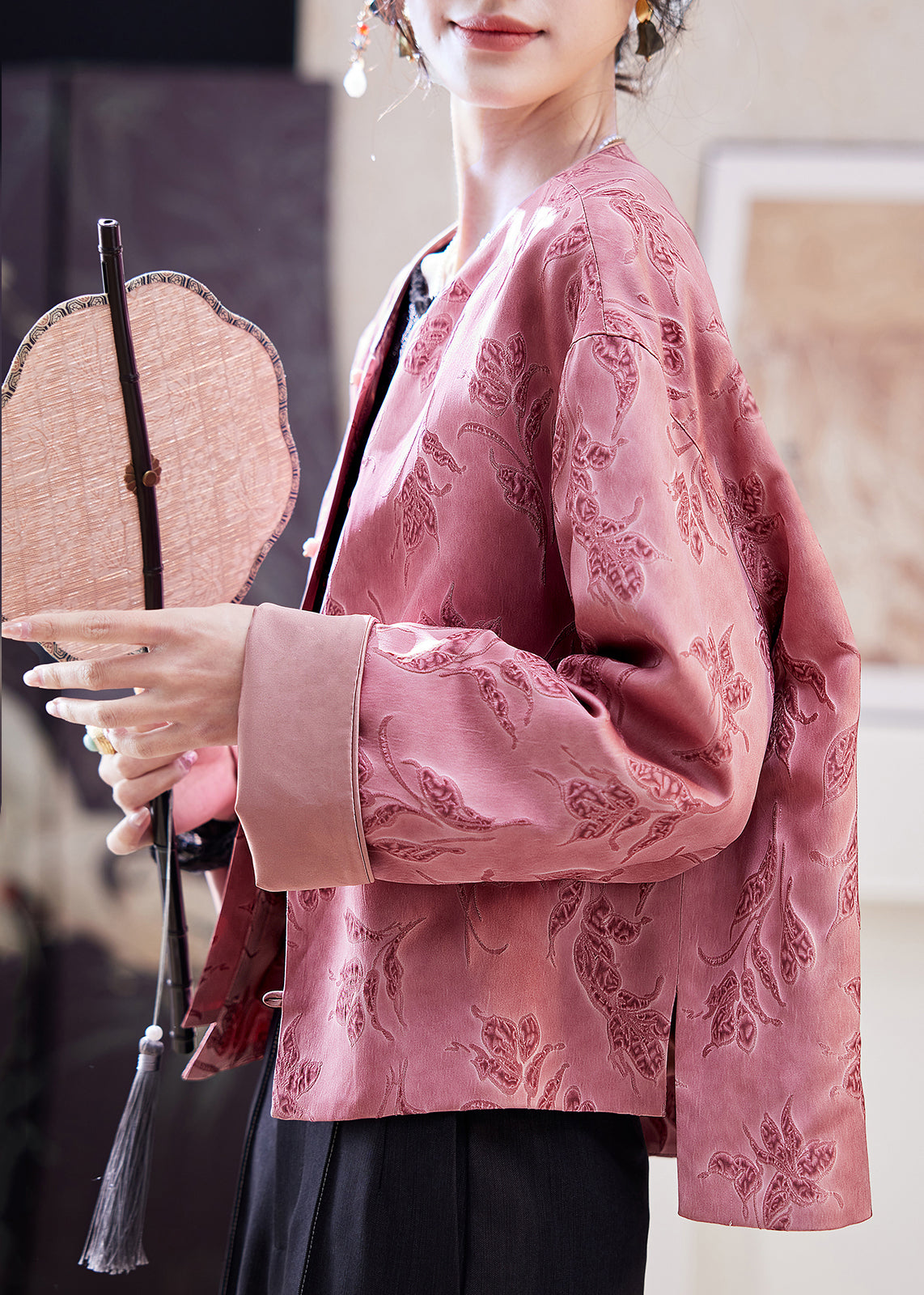 Chinese Style Pink O-neck Print Coats Batwing Sleeve