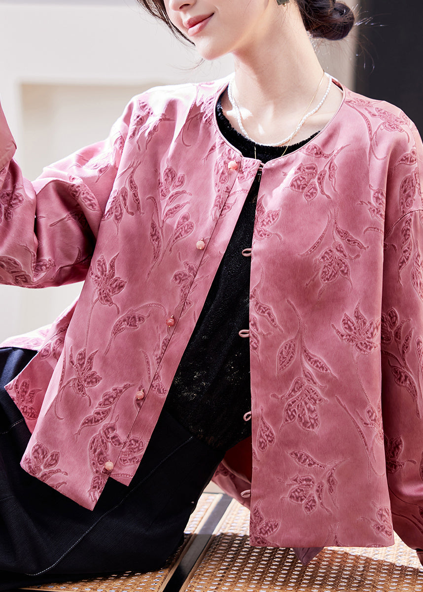 Chinese Style Pink O-neck Print Coats Batwing Sleeve