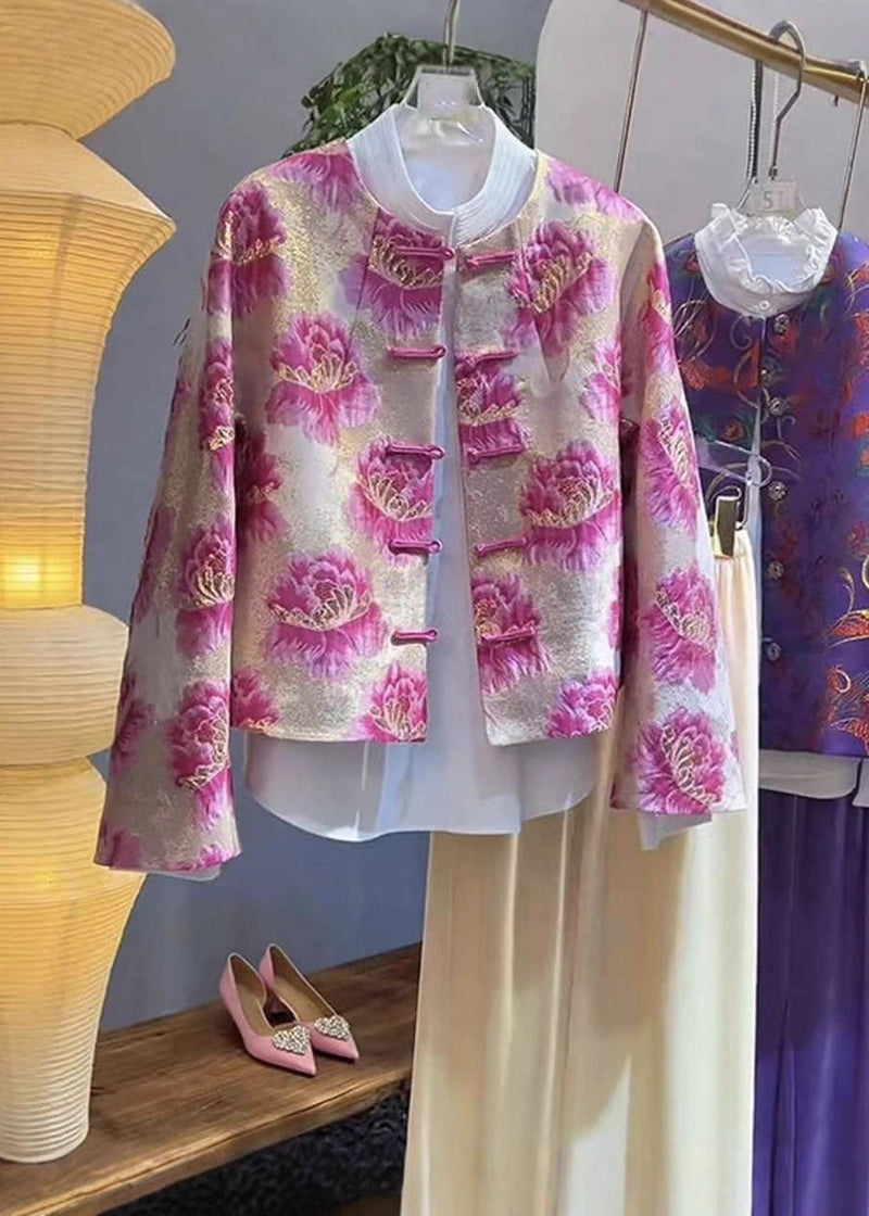 Chinese Style Pink O-neck Print Coats Fal