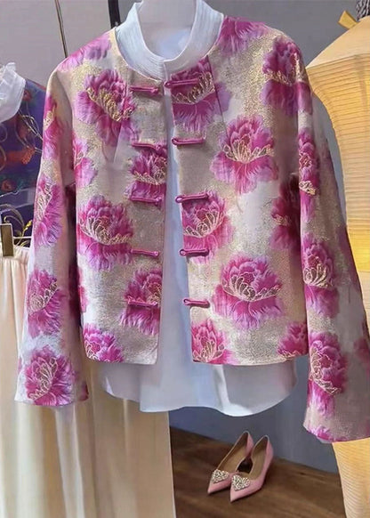 Chinese Style Pink O-neck Print Coats Fal