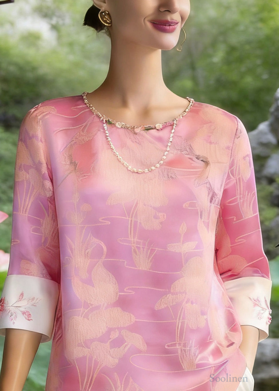 Chinese Style Pink O-Neck Print Silk T Shirt Three Quarter Sleeve