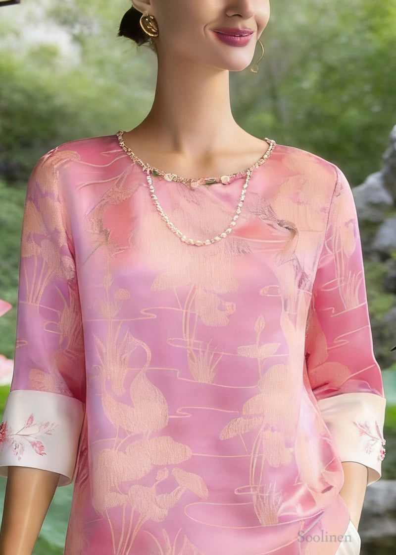 Chinese Style Pink O-neck Print Silk T Shirt Three Quarter Sleeve