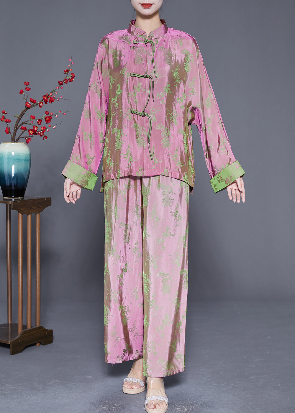 Chinese Style Pink Print Chinese Button Silk Shirts and Pants Two Pieces Set Fall