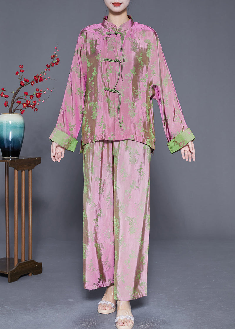 Chinese Style Pink Print Chinese Button Silk Shirts and Pants Two Pieces Set Fall