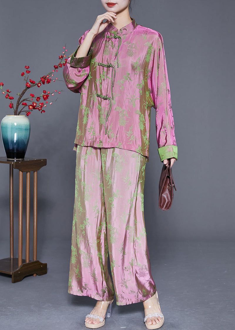 Chinese Style Pink Print Chinese Button Silk Shirts and Pants Two Pieces Set Fall