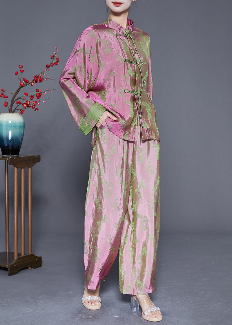 Chinese Style Pink Print Chinese Button Silk Shirts and Pants Two Pieces Set Fall
