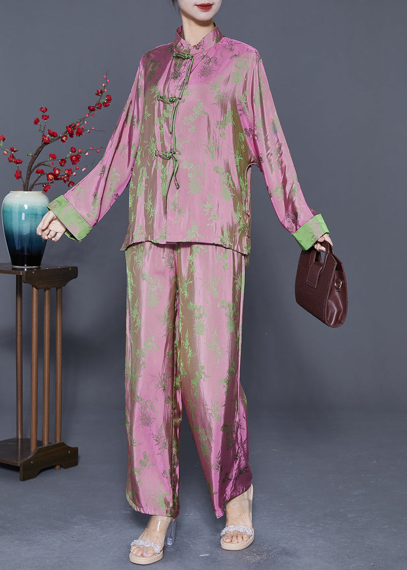 Chinese Style Pink Print Chinese Button Silk Shirts and Pants Two Pieces Set Fall