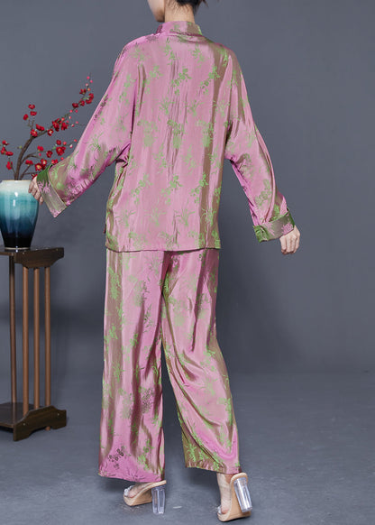 Chinese Style Pink Print Chinese Button Silk Shirts and Pants Two Pieces Set Fall