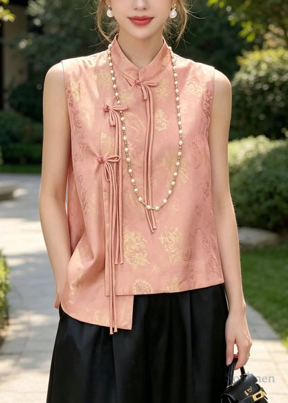 Chinese Style Pink Stand Collar Jacquard Silk Vest Tops Spring