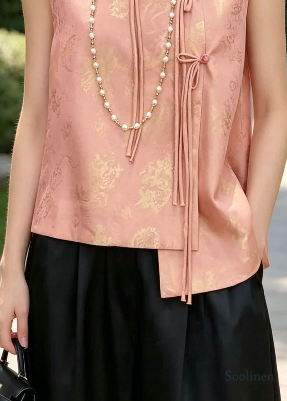 Chinese Style Pink Stand Collar Jacquard Silk Vest Tops Spring