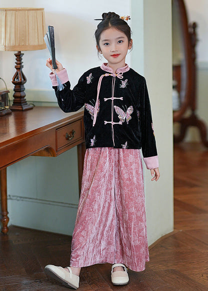 Chinese Style Pink Stand Collar Print Silk Velour Coats and Pants Two Piece Set Spring
