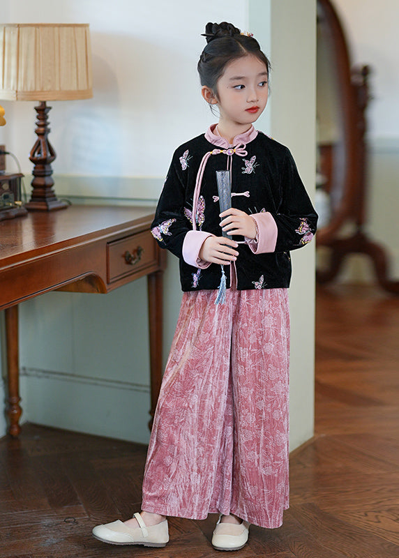Chinese Style Pink Stand Collar Print Silk Velour Coats and Pants Two Piece Set Spring