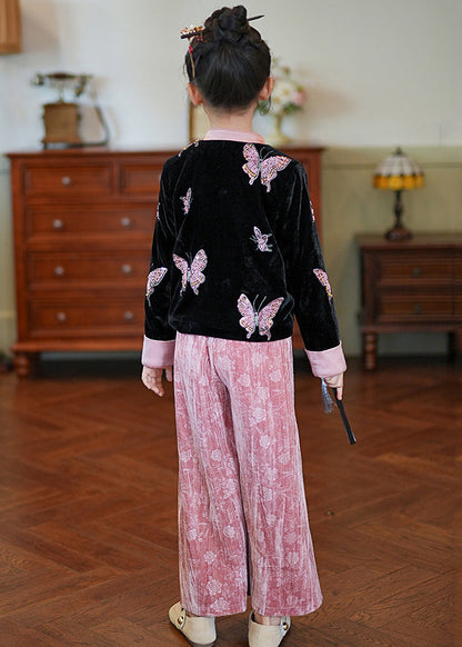 Chinese Style Pink Stand Collar Print Silk Velour Coats and Pants Two Piece Set Spring