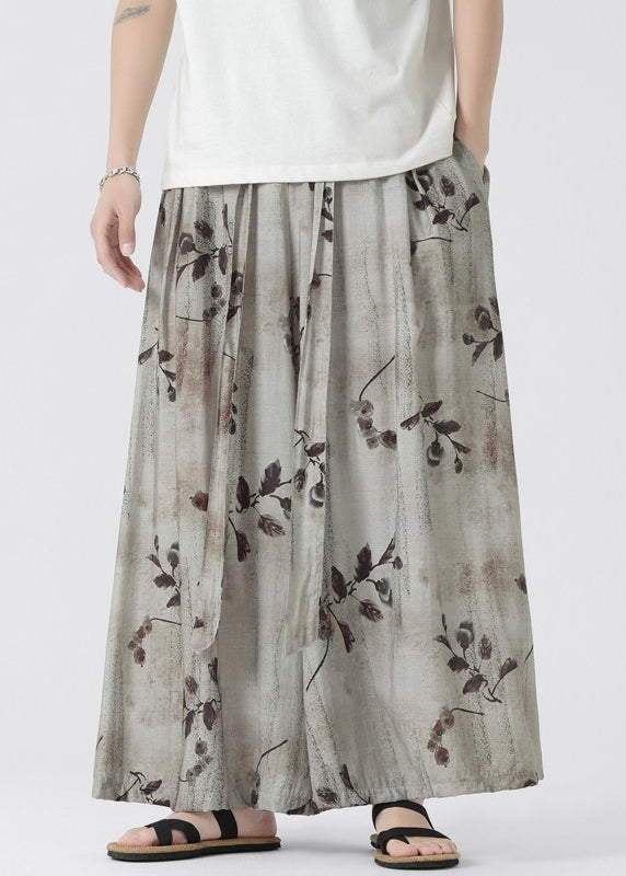 Chinese Style Pockets Print Ice Silk Wide Leg Pants Summer