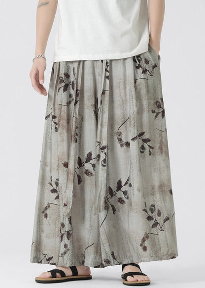 Chinese Style Pockets Print Ice Silk Wide Leg Pants Summer