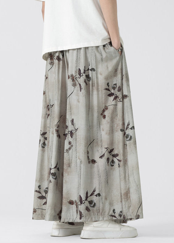 Chinese Style Pockets Print Ice Silk Wide Leg Pants Summer