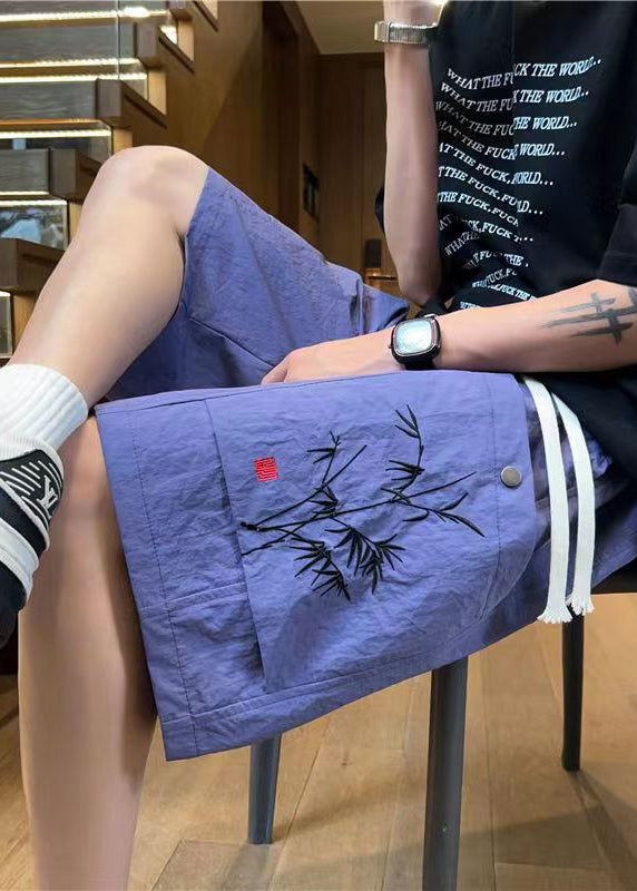 Chinese Style Purple Bamboo Embroideried Cotton Shorts Summer