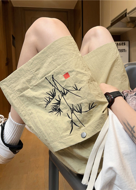 Chinese Style Purple Bamboo Embroideried Cotton Shorts Summer