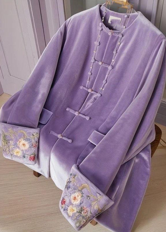 Chinese Style Purple O-neck Embroidered Button Silk Velour Tops Spring