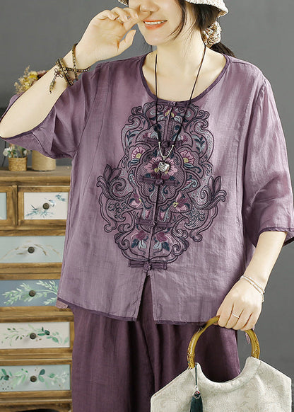 Chinese Style Purple O-neck Embroidered Linen Shirt Summer