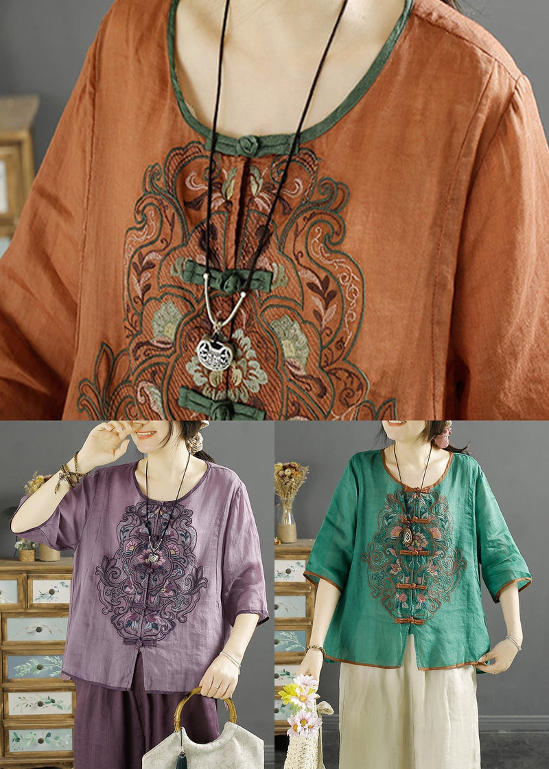 Chinese Style Purple O-neck Embroidered Linen Shirt Summer