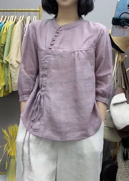 Chinese Style Purple O-neck Lace Up Cotton Top Bracelet Sleeve