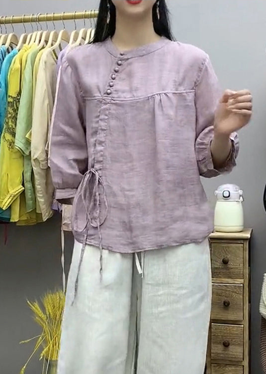 Chinese Style Purple O-neck Lace Up Cotton Top Bracelet Sleeve