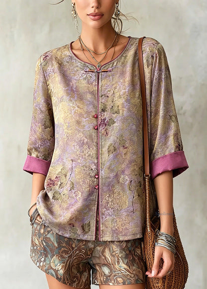 Chinese Style Purple Patchwork Button Tops Fall