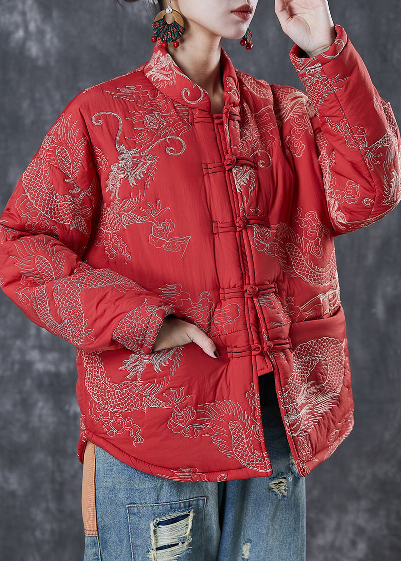 Chinese Style Red Embroideried Patchwork Fine Cotton Filled Coats Winter
