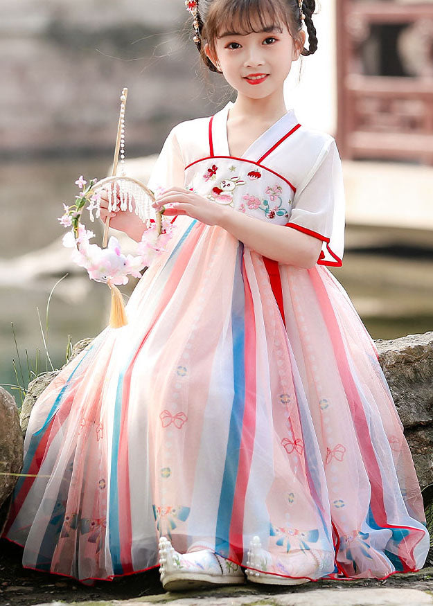 Chinese Style Red Embroideried Wrinkled Patchwork Chiffon Kids Dresses Summer