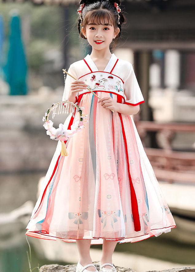 Chinese Style Red Embroideried Wrinkled Patchwork Chiffon Kids Dresses Summer