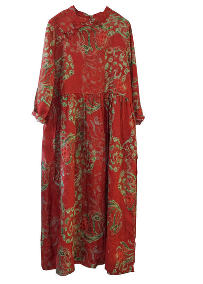 Chinese Style Red Mandarin Collar Cinched Print Linen Dress Long Sleeve