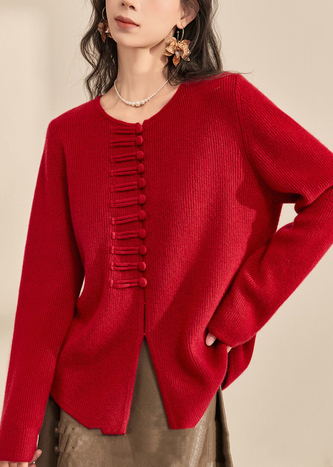 Chinese Style Red O-neck Button Cozy Cotton Knit Cardigans Spring