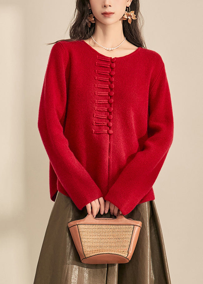 Chinese Style Red O-neck Button Cozy Cotton Knit Cardigans Spring