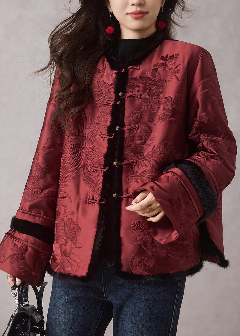 Chinese Style Red O-neck Embroidered Pockets Parka Winter