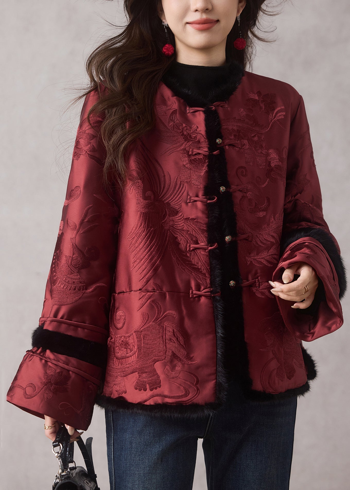 Chinese Style Red O-neck Embroidered Pockets Parka Winter