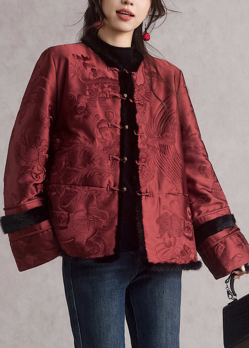 Chinese Style Red O-neck Embroidered Pockets Parka Winter