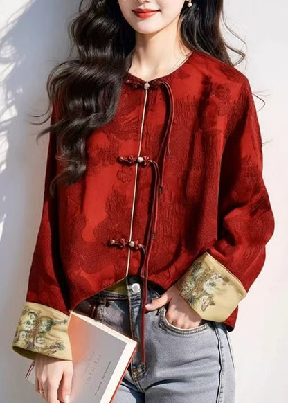 Chinese Style Red Oriental Button Tassel Silk Coat Autumn