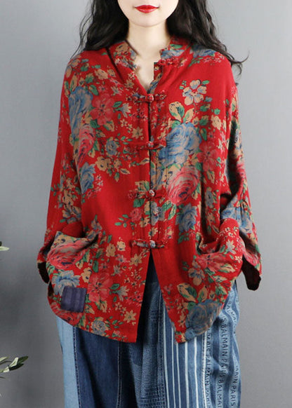 Chinese Style Brown-pumpkin Print Pockets Button Patchwork Cotton Coats Long Sleeve