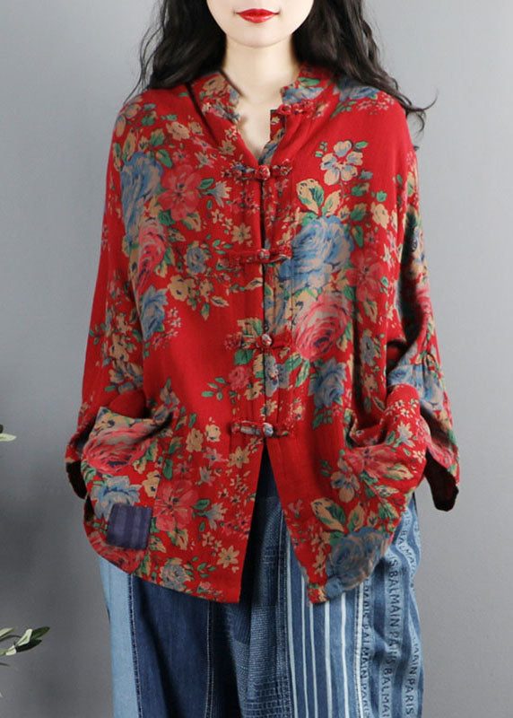Chinese Style Brown-pumpkin Print Pockets Button Patchwork Cotton Coats Long Sleeve