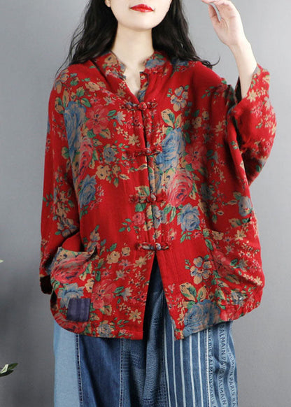 Chinese Style Brown-pumpkin Print Pockets Button Patchwork Cotton Coats Long Sleeve