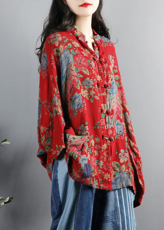 Chinese Style Brown-pumpkin Print Pockets Button Patchwork Cotton Coats Long Sleeve
