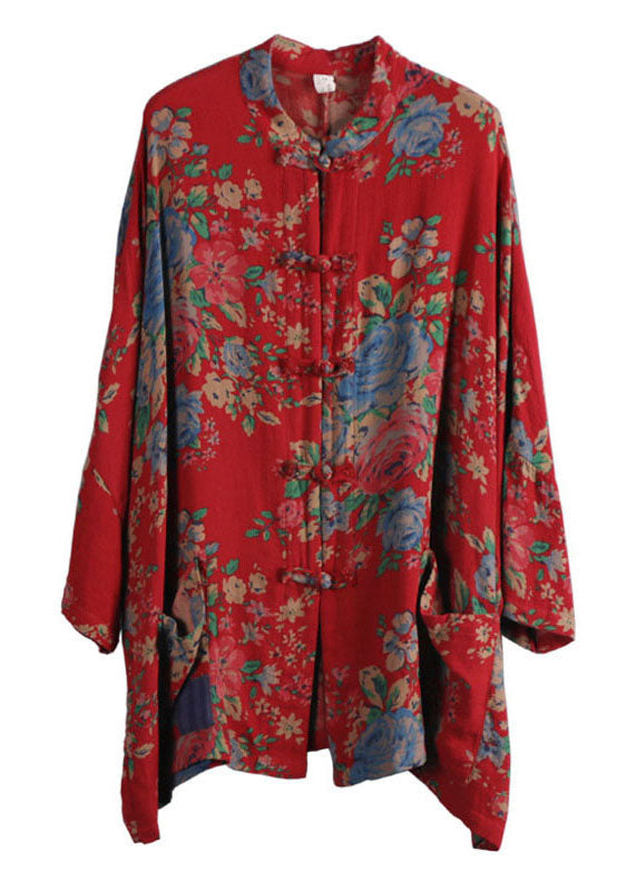 Chinese Style Brown-pumpkin Print Pockets Button Patchwork Cotton Coats Long Sleeve