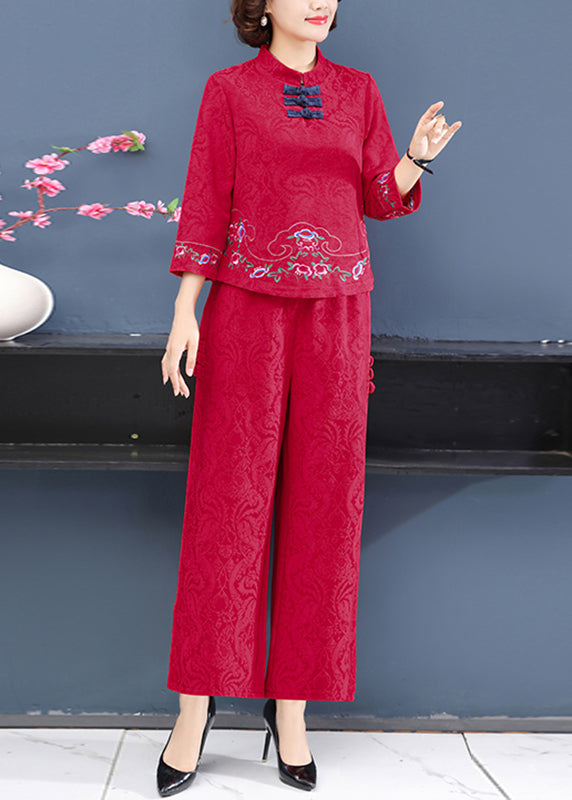 Chinese Style Red Stand Collar Embroidered Top and Wide Leg Pants Two Pieces Set Long Sleeve