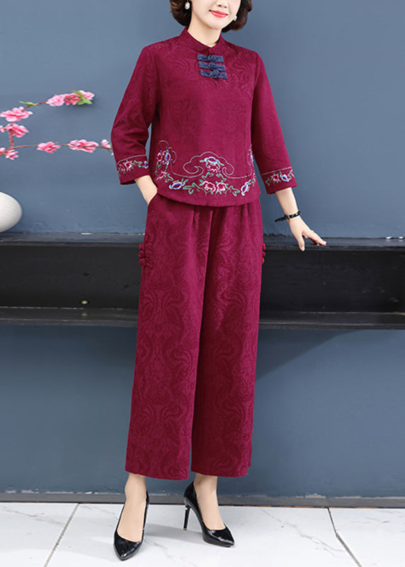 Chinese Style Red Stand Collar Embroidered Top and Wide Leg Pants Two Pieces Set Long Sleeve
