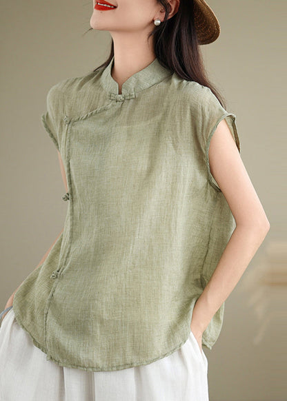 Chinese Style Red Stand Collar Patchwork Linen Shirt Short Sleeve
